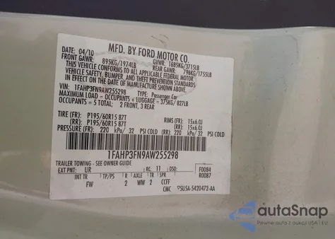 2010 Ford Focus Se from USA, damaged, VIN 1FAHP3FN9AW255298
